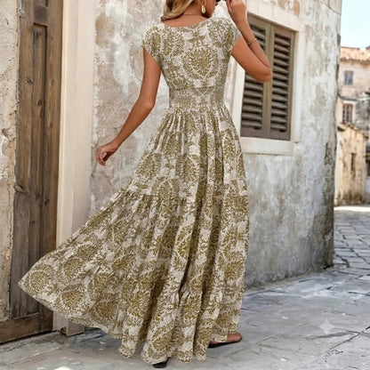 💃Women’s Boho Shirred V-Neck Flowy Vacation Maxi Dress