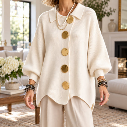 Women's Elegant Ribbed Knit Cardigan with Gold Buttons