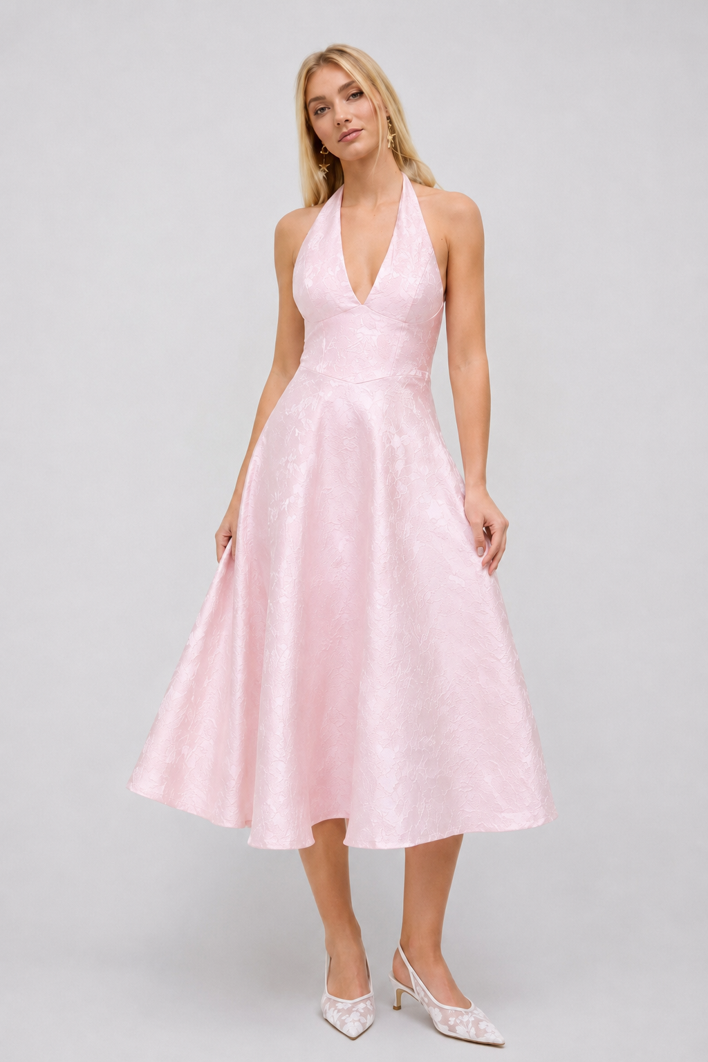 Floral Jacquard Halter Maxi Dress – Lace-Up Wedding Guest Dress