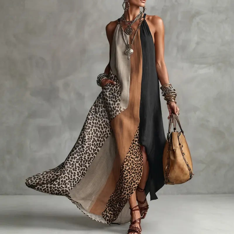 Women's Boho Patchwork Halter Neck Maxi Dress with Split Hem