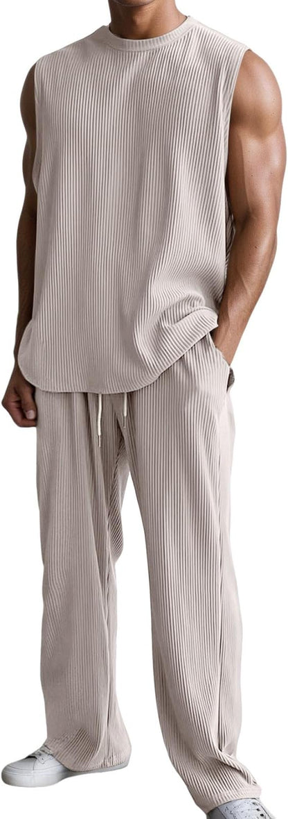 ✨Modern Knit Men's 2-Piece Leisure Suit – Sleeveless Tank Top & Lounge Pants