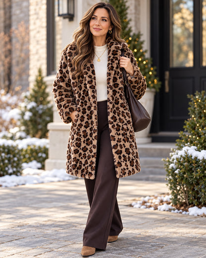 Women's Cozy Leopard Print Plush Mid-Length Coat