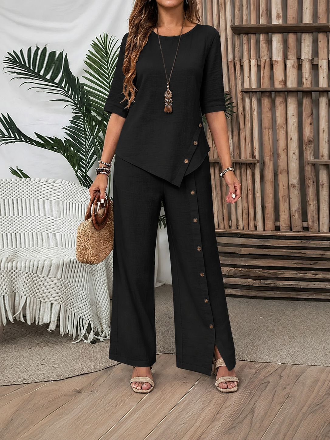 ✨Elegant Asymmetric Top & Wide-Leg Trouser Set