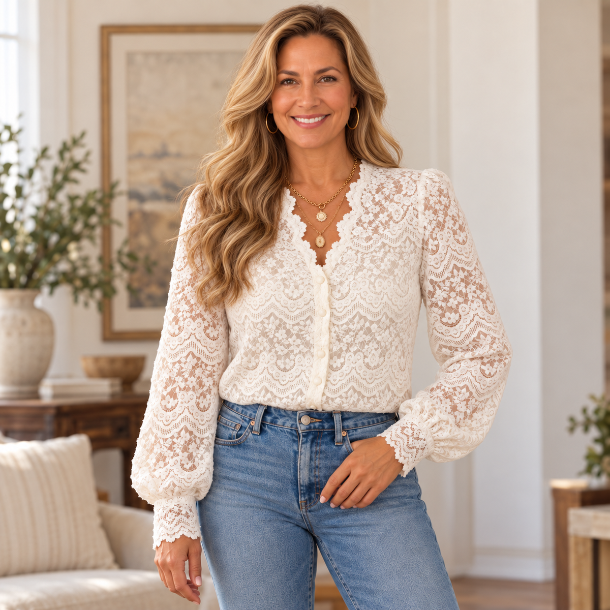 Women's French Scalloped V-Neck Floral Lace Blouse