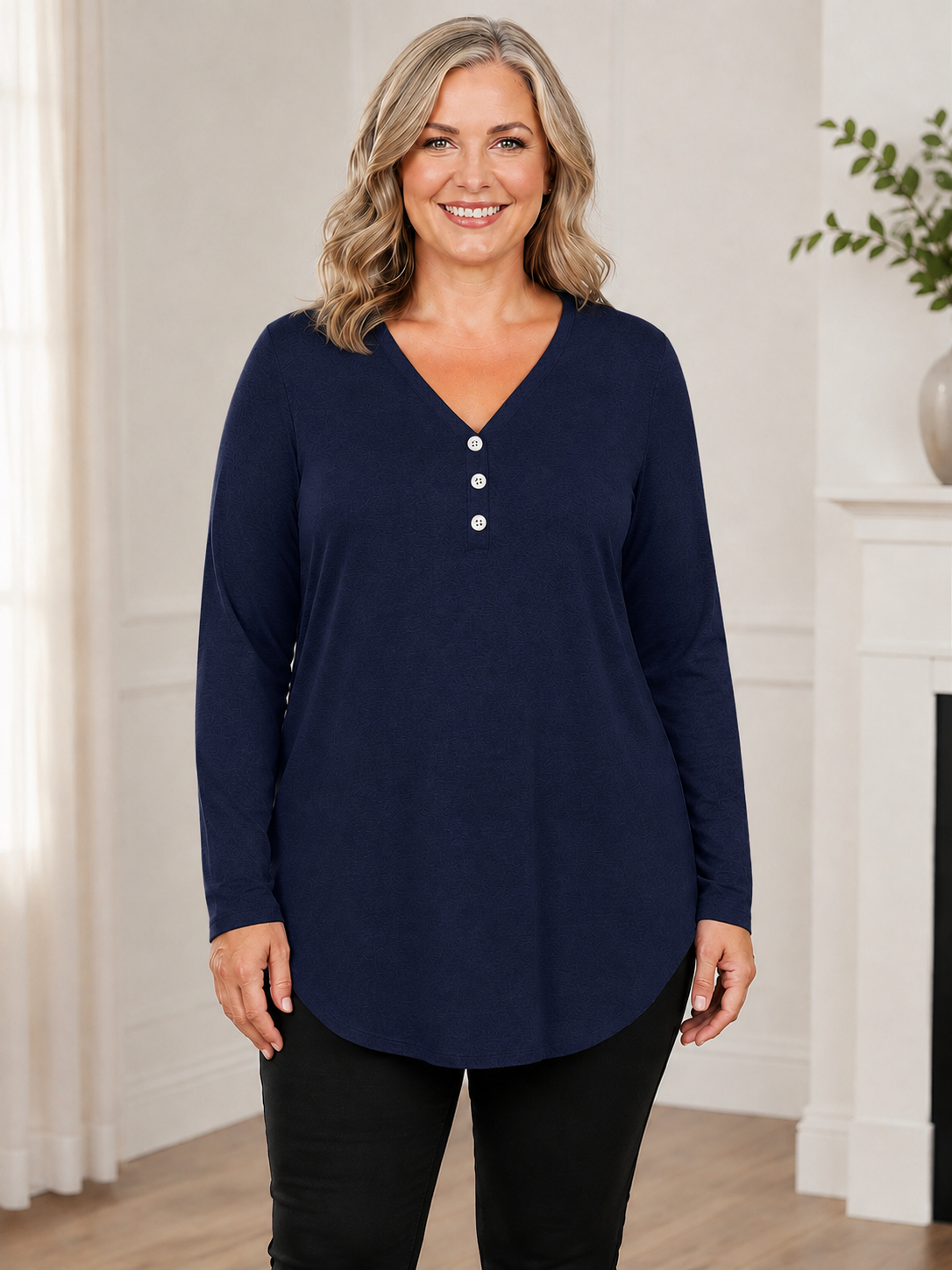 Plus Size V-Neck Henley Long Sleeve Tunic Top