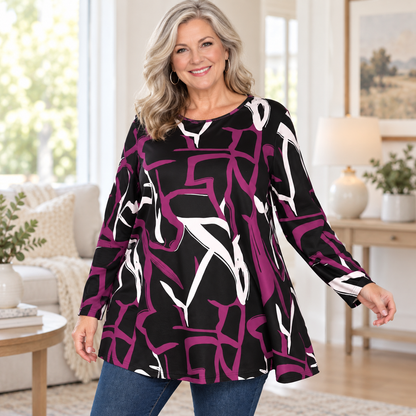 Plus Size Abstract Print Long-Sleeve Tunic Top
