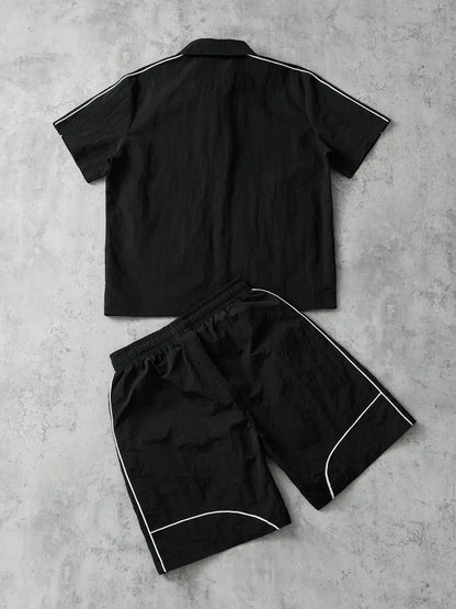 Men's 2 Pieces Outfits Casual Stars Pattern Shirt and Shorts Set Quarter-Zip Athletic