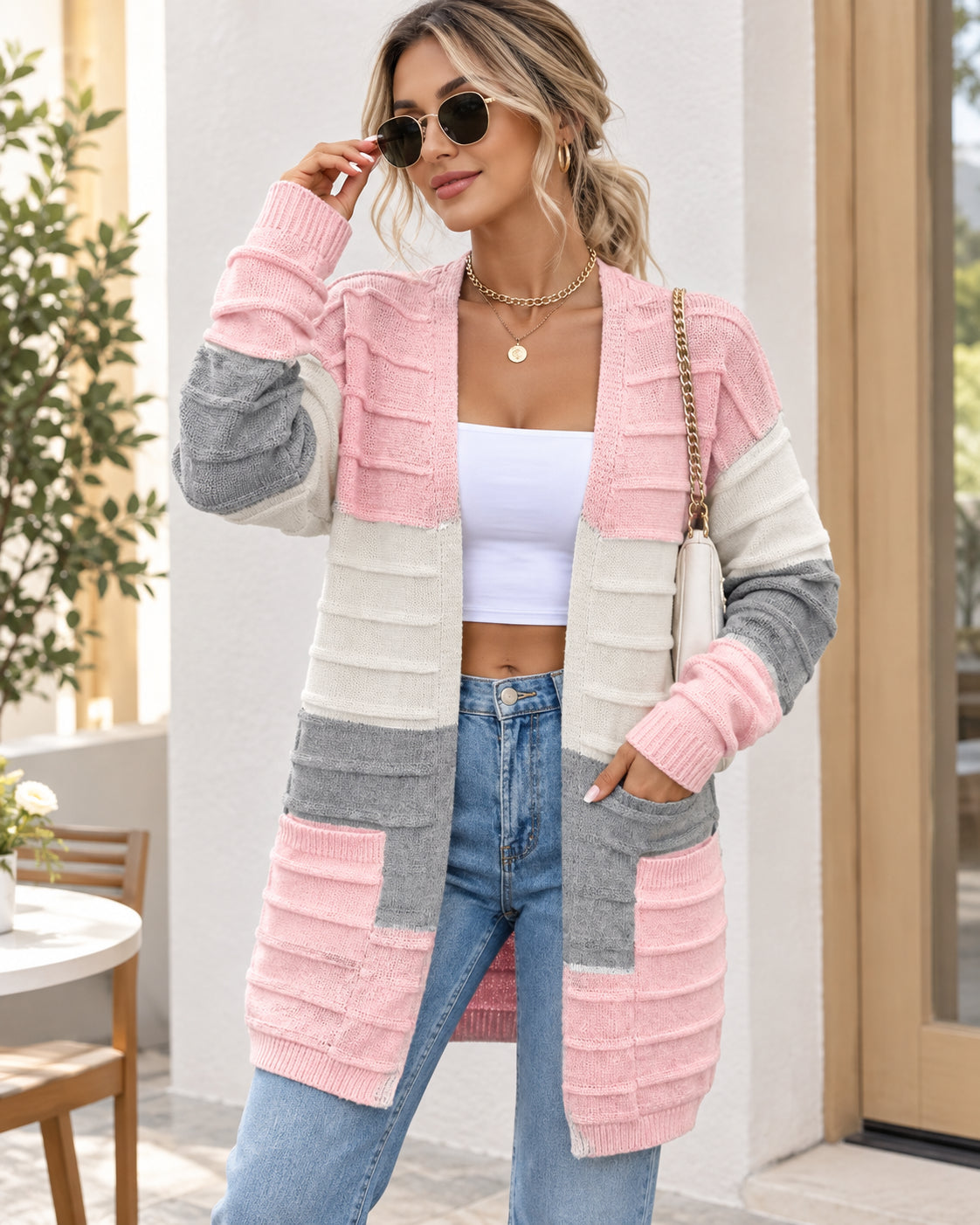 Women's Colorblock Textured Longline Knit Cardigan