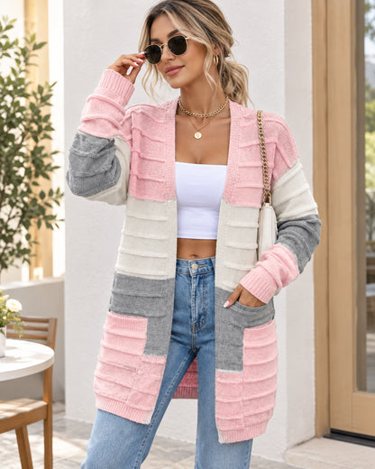 Women's Colorblock Textured Longline Knit Cardigan