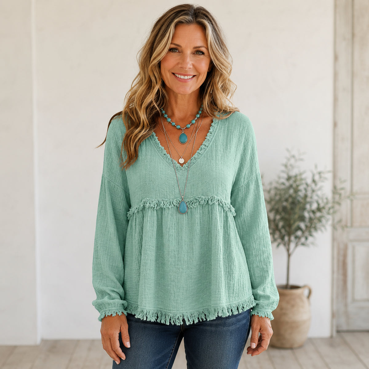 Women’s Boho V-Neck Fringe Babydoll Top