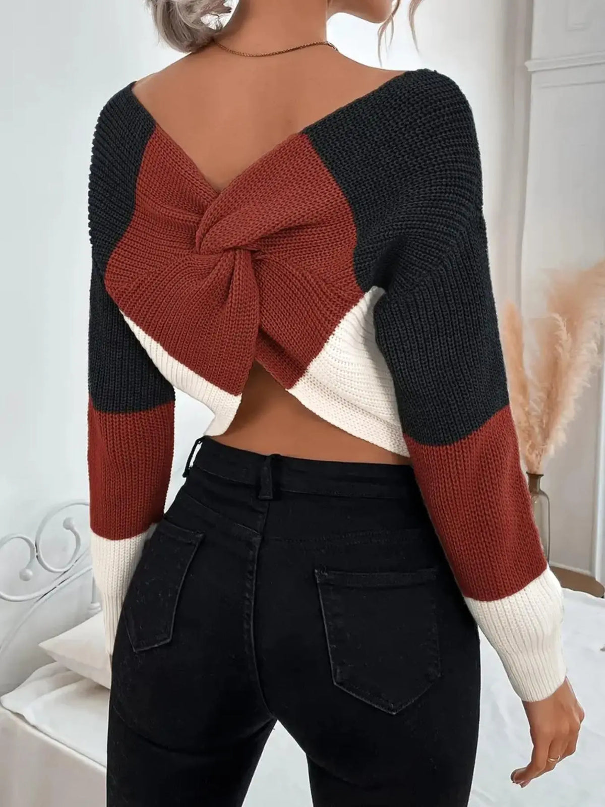 Women's Color Block Off-Shoulder Bow Back Knit Sweater