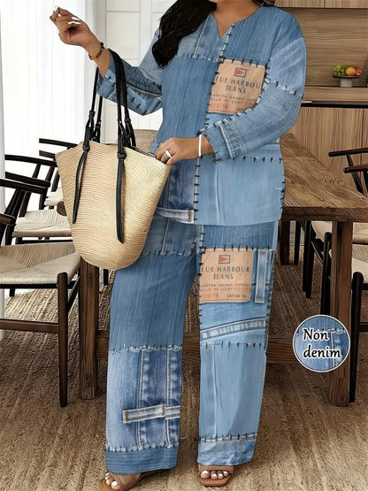 Plus Size Faux-Denim Patchwork Two-Piece Set