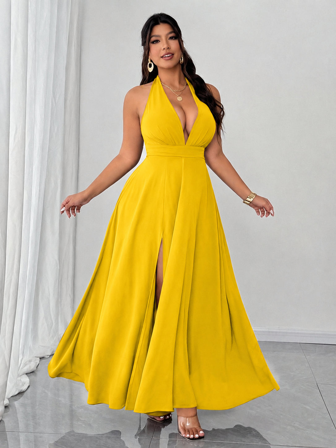 Plus Size Halter Deep V Maxi Dress