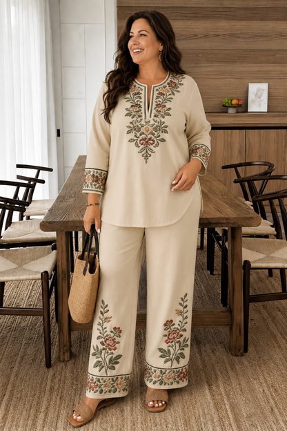 Boho Artisanal Embroidered Linen V-Neck Tunic Top & Wide Leg Pants