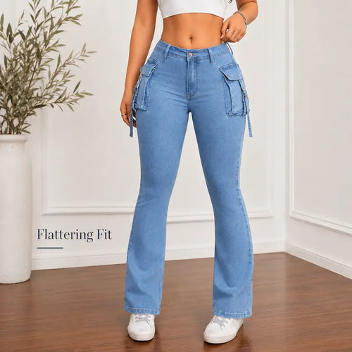 Women's High Waisted Sculpting Cargo Flare Jeans