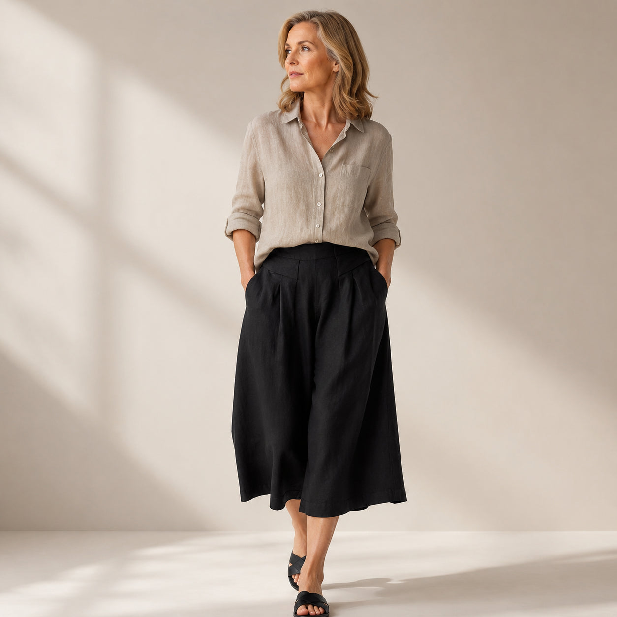 Women's Cotton Linen Wide-Leg Culottes