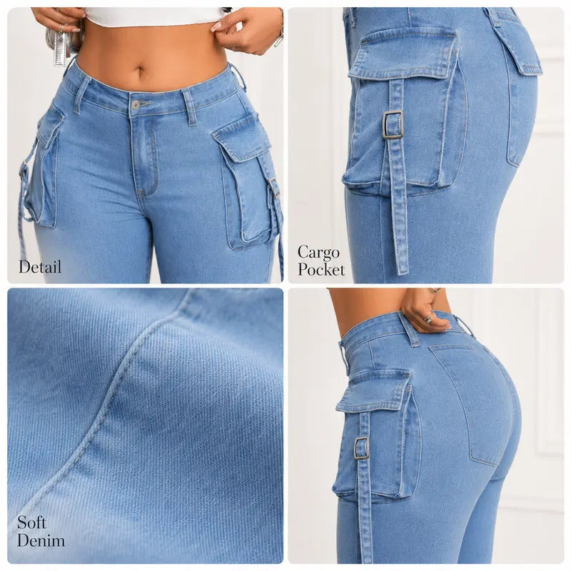 Women's High Waisted Sculpting Cargo Flare Jeans