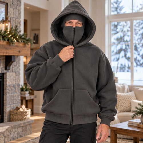 Men's Winter Sherpa-Lined Hoodie with Built-In Face Cover