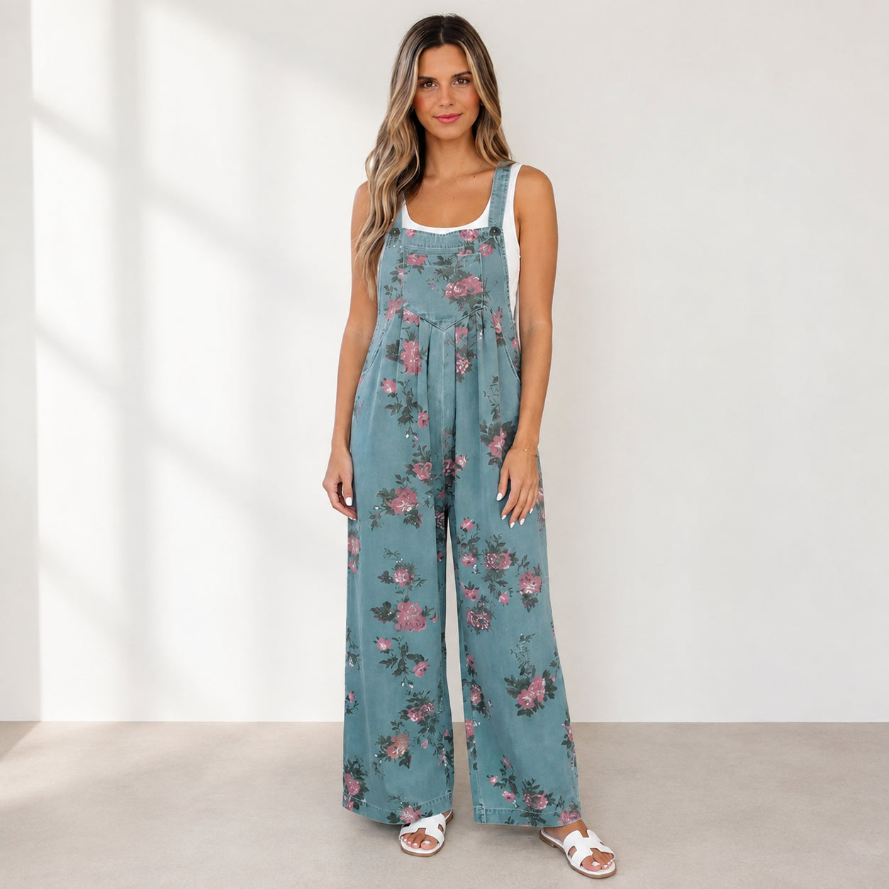Floral Wide-Leg Denim Jumpsuit