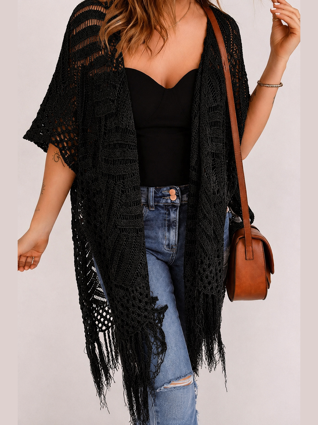 🌊 Women's Open-Front Crochet Knit Cover-Up