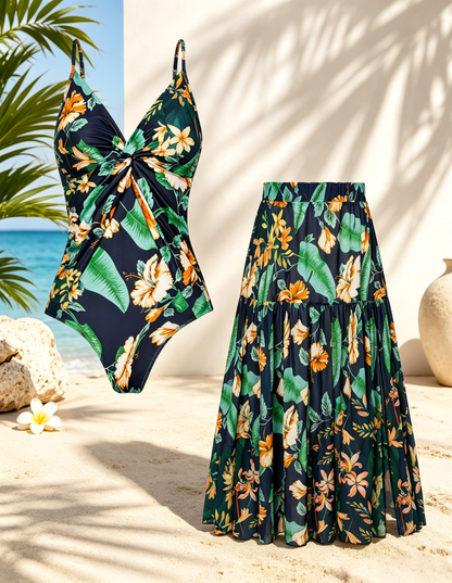 🌴 Vacation-Ready Swim Set — Flattering One-Piece with Matching Skirt, Padded & Wire-Free Comfort
