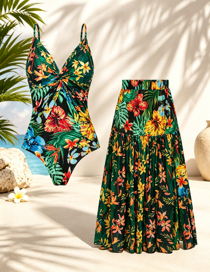 🌴 Vacation-Ready Swim Set — Flattering One-Piece with Matching Skirt, Padded & Wire-Free Comfort