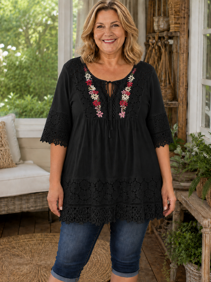 Plus Size Cotton Linen Boho Floral Embroidered Lace Tunic Top