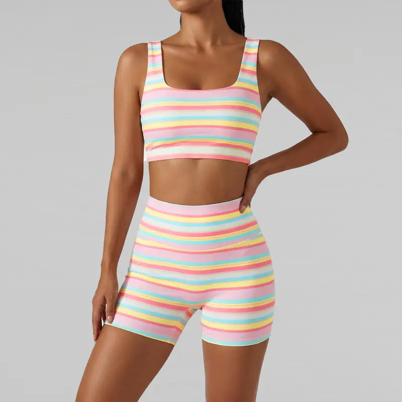 Women’s Rainbow Stripe High-Waist 2-Piece Activewear Set