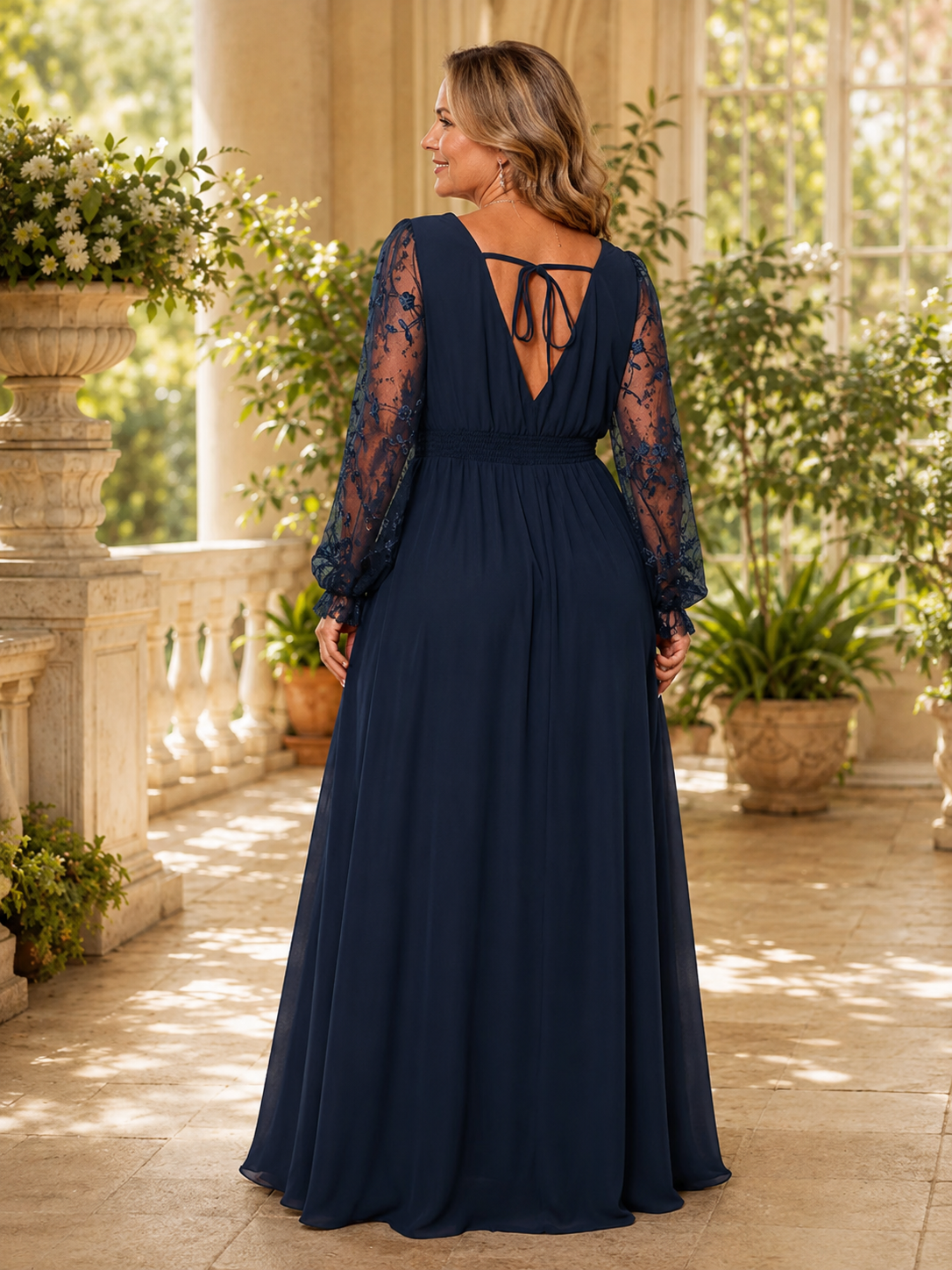Women's Plus Size Deep V-Neck Embroidered Mesh Long Dress with Side Slit