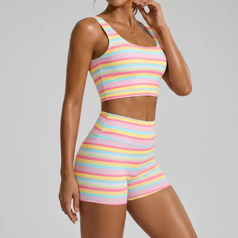 Women’s Rainbow Stripe High-Waist 2-Piece Activewear Set