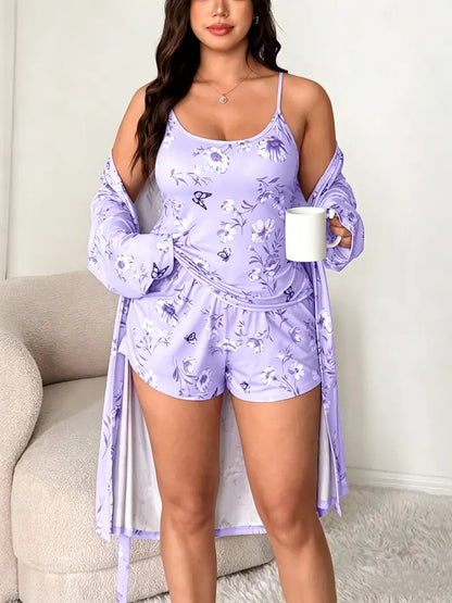 Cherry Floral 3-Piece Loungewear Set in Plus Sizes