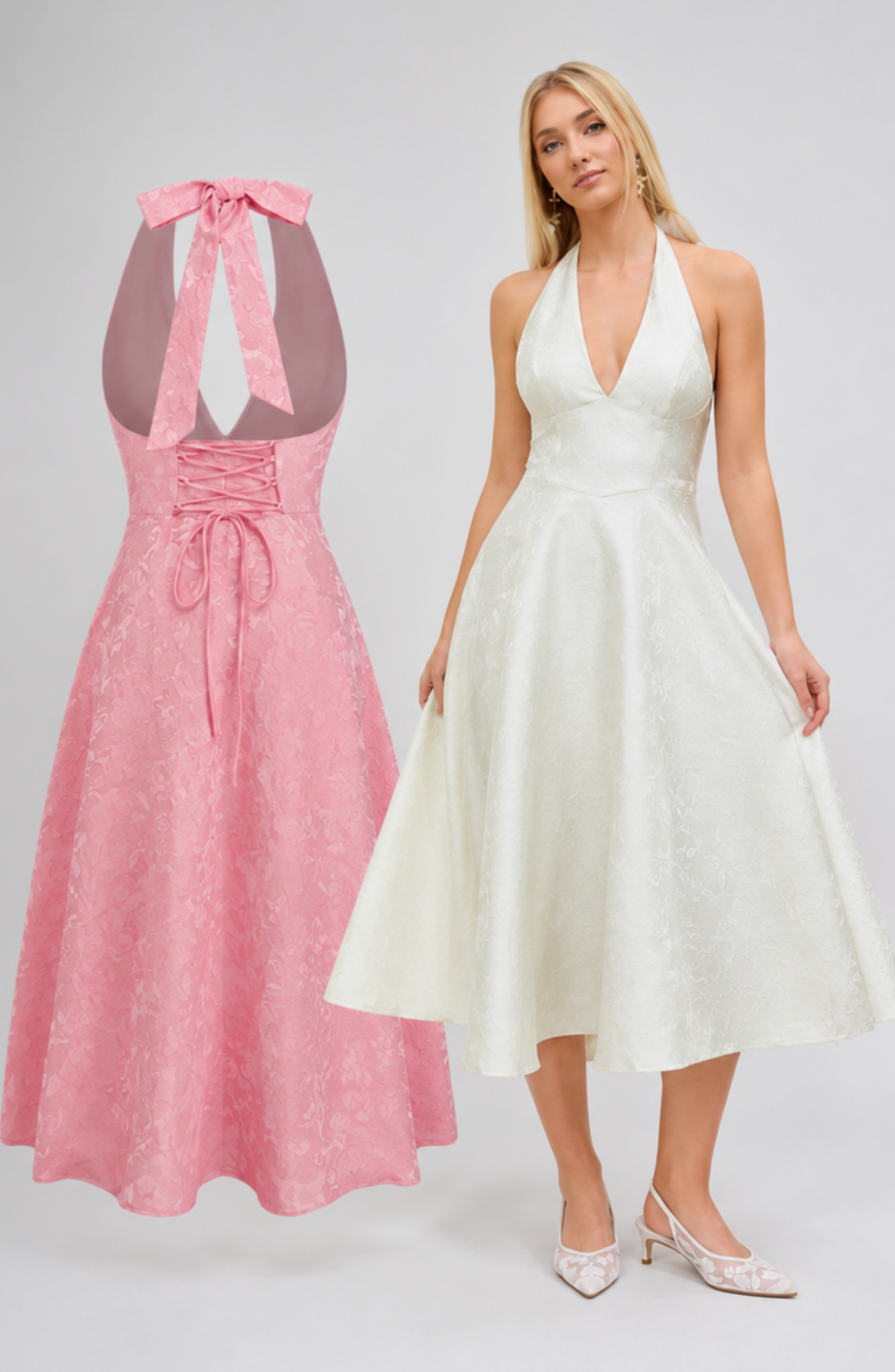 Floral Jacquard Halter Maxi Dress – Lace-Up Wedding Guest Dress