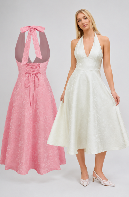 Floral Jacquard Halter Maxi Dress – Lace-Up Wedding Guest Dress