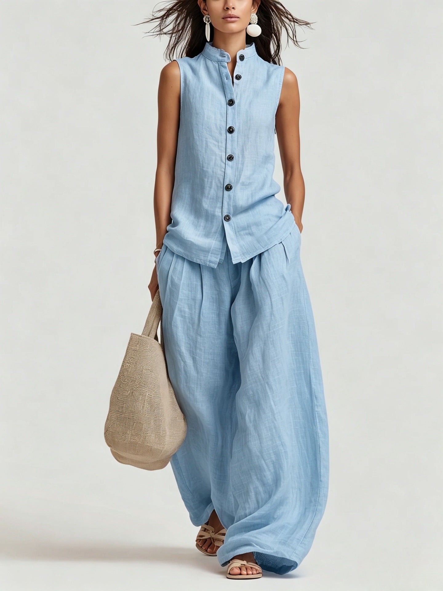 🕊 Relaxed Linen Matching Two Piece Set Sleeveless Top & Wide Leg Trousers