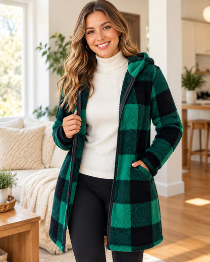 Women's Cozy Plaid Fleece Hooded Zip-Up Long Jacket