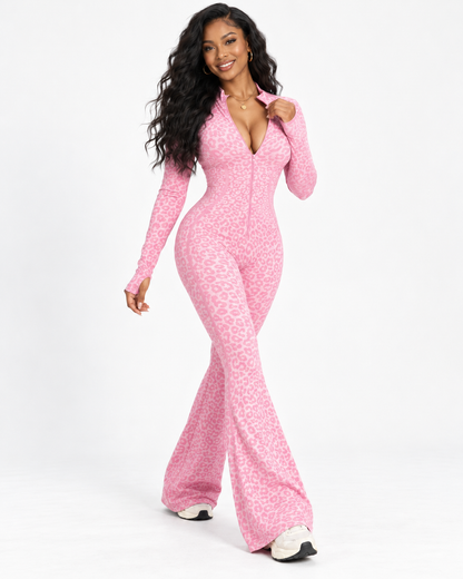 Sexy Leopard Zip Up V-Neck Flare Leg Jumpsuit