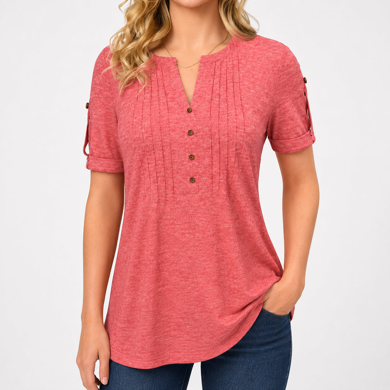 Women’s Pleated V-Neck Button Top