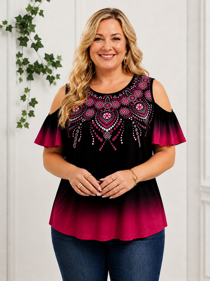 Plus Size Boho Ombre Cold Shoulder Top