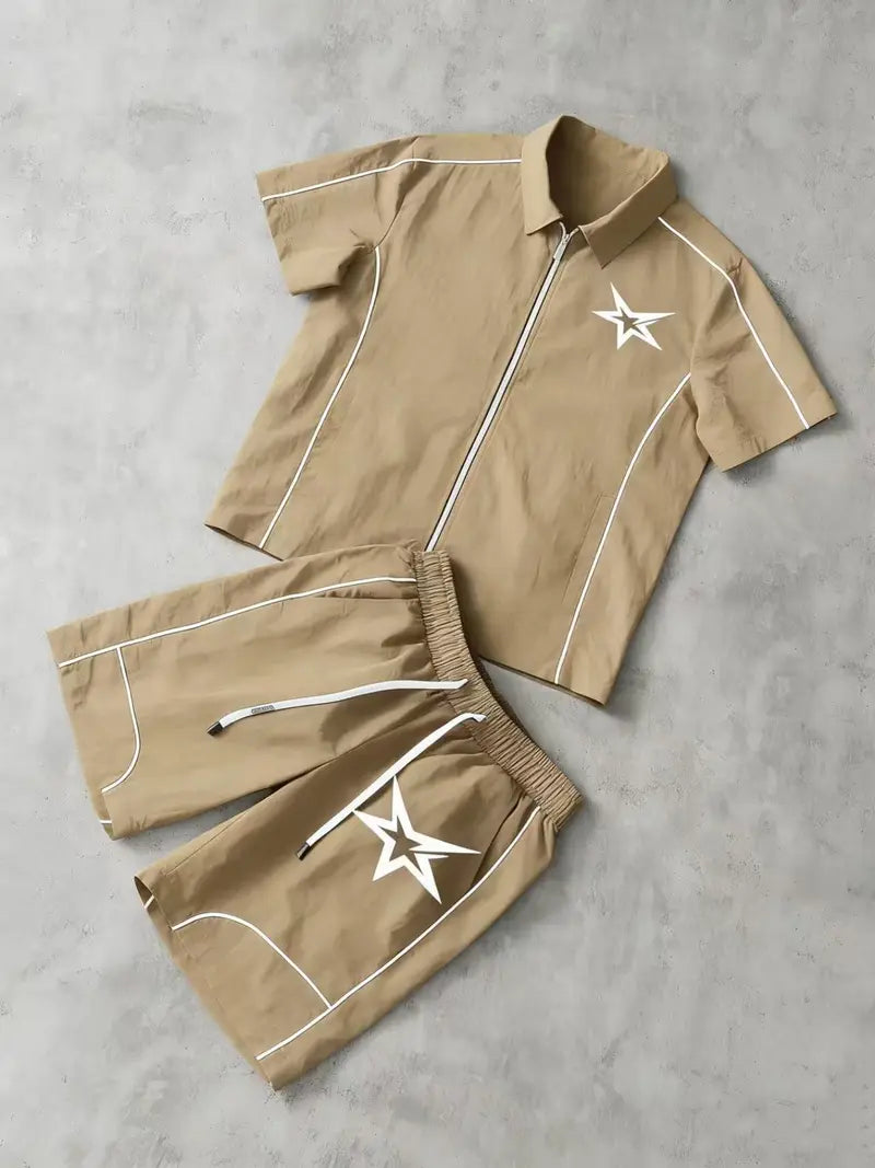 Men's 2 Pieces Outfits Casual Stars Pattern Shirt and Shorts Set Quarter-Zip Athletic