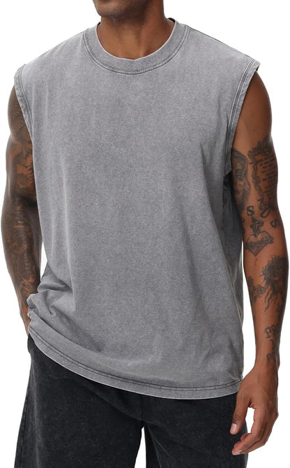 💪 Heavyweight Vintage Washed Gym Tank for Men | 100% Cotton Athletic Fit Muscle Undershirt
