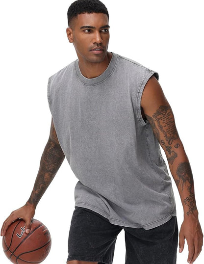 💪 Heavyweight Vintage Washed Gym Tank for Men | 100% Cotton Athletic Fit Muscle Undershirt