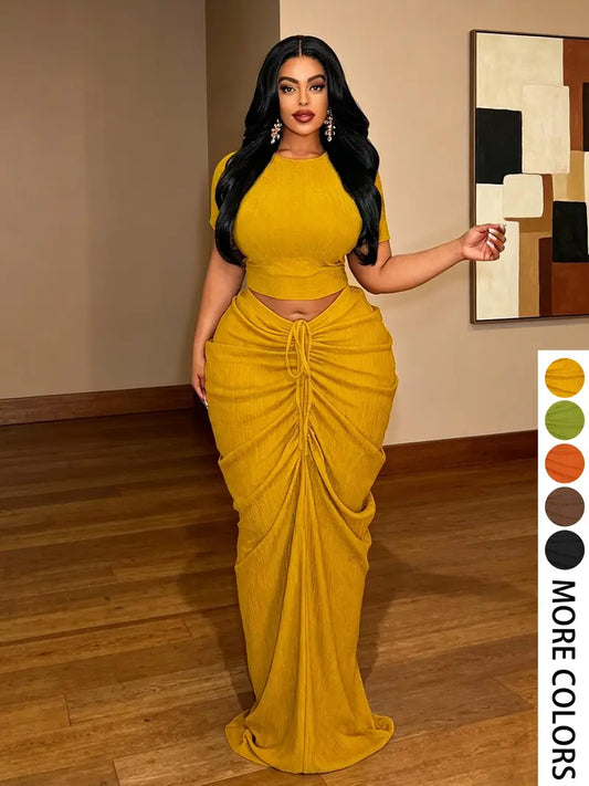 Plus Size Curve-Flattering Ruched Drawstring Crop Top & Maxi Skirt Set
