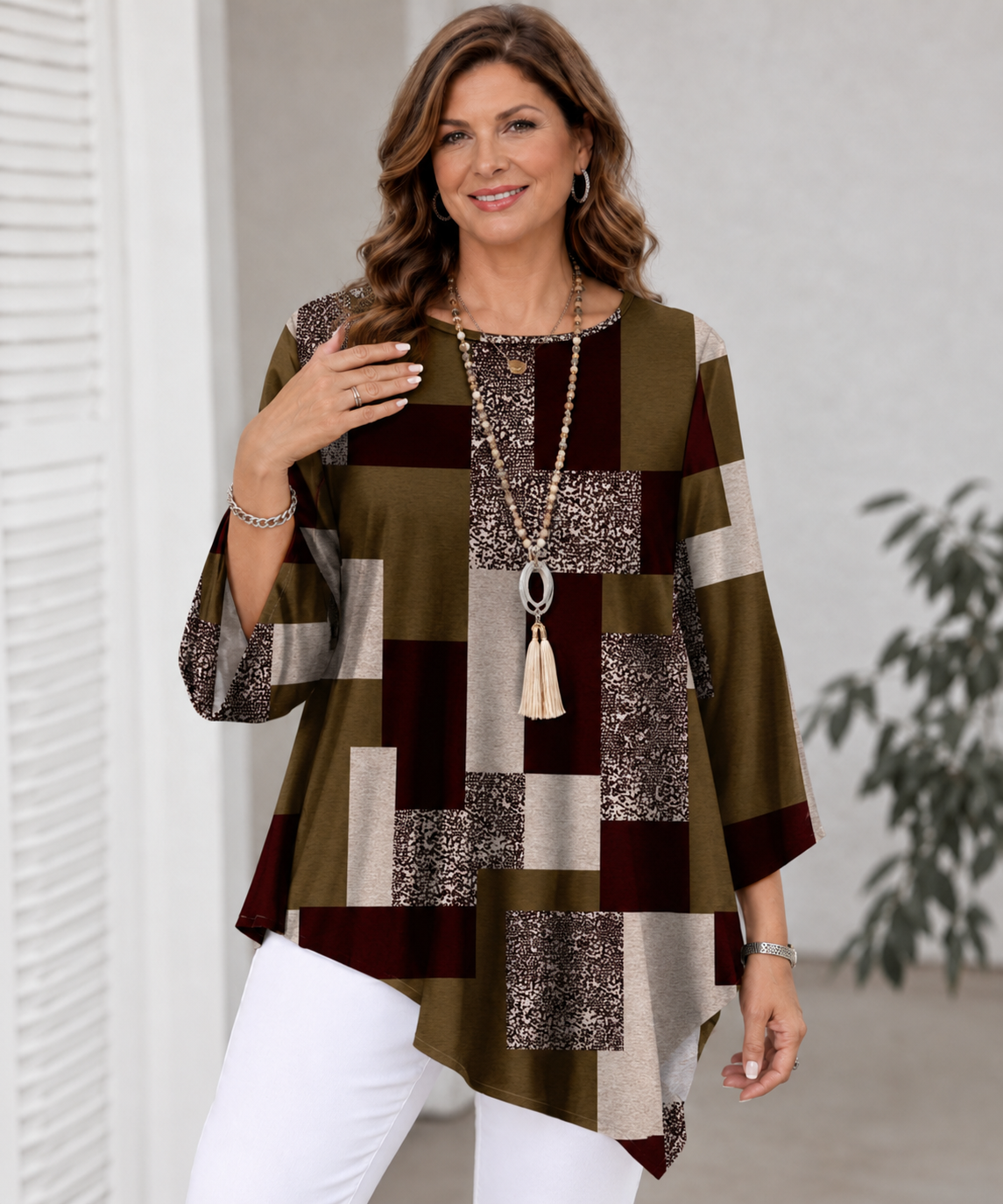 Plus Size Geometric Colorblock Tunic 3/4 Sleeve Top