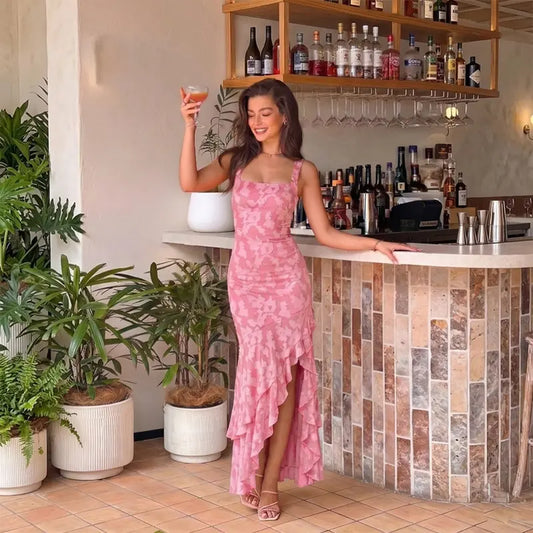 Floral Mermaid Maxi Dress – Ruched Square Neck