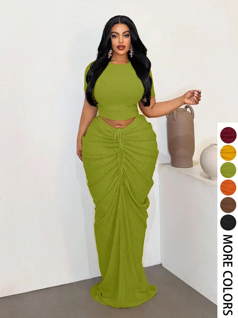 Plus Size Curve-Flattering Ruched Drawstring Crop Top & Maxi Skirt Set