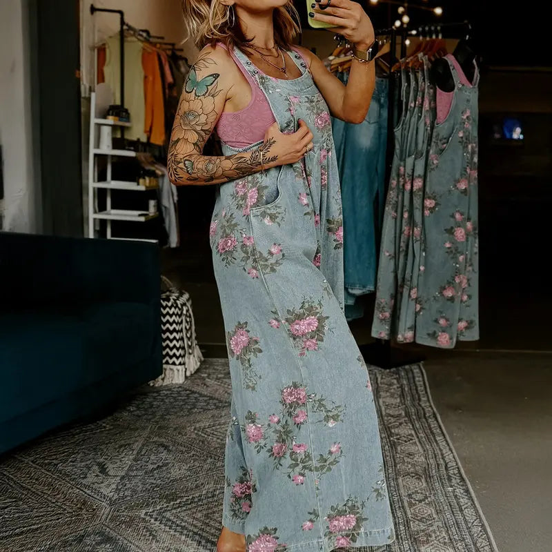 Floral Wide-Leg Denim Jumpsuit
