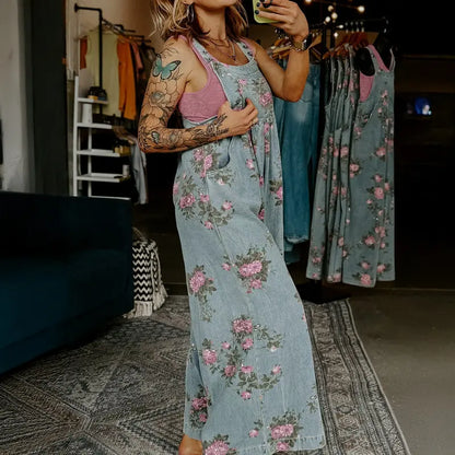 Floral Wide-Leg Denim Jumpsuit