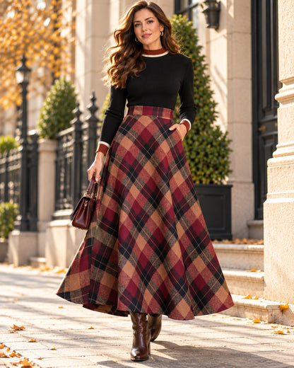Women's Vintage Wool-Blend Plaid A-Line Skirt
