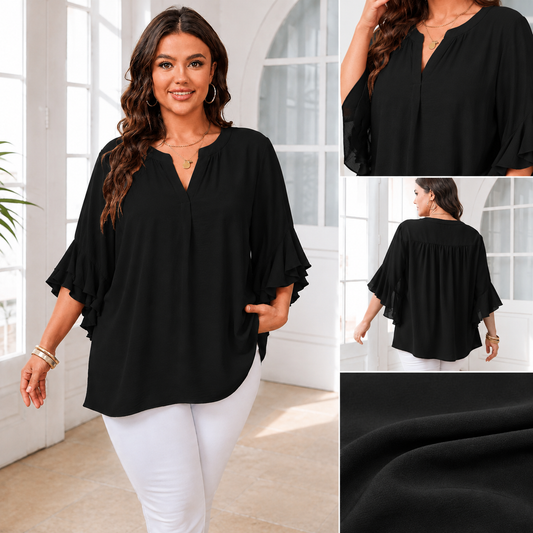 Plus Size Women V-Neck Ruffle Sleeve Solid Color Blouse