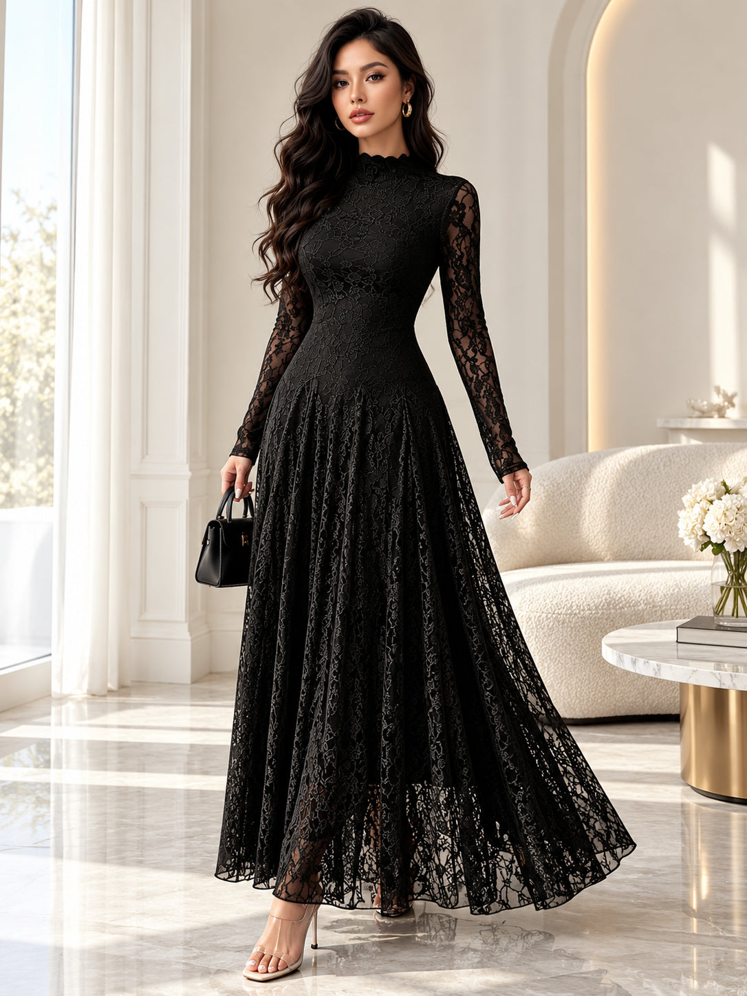 Women’s Elegant Floral Lace Long Sleeve Maxi Dress